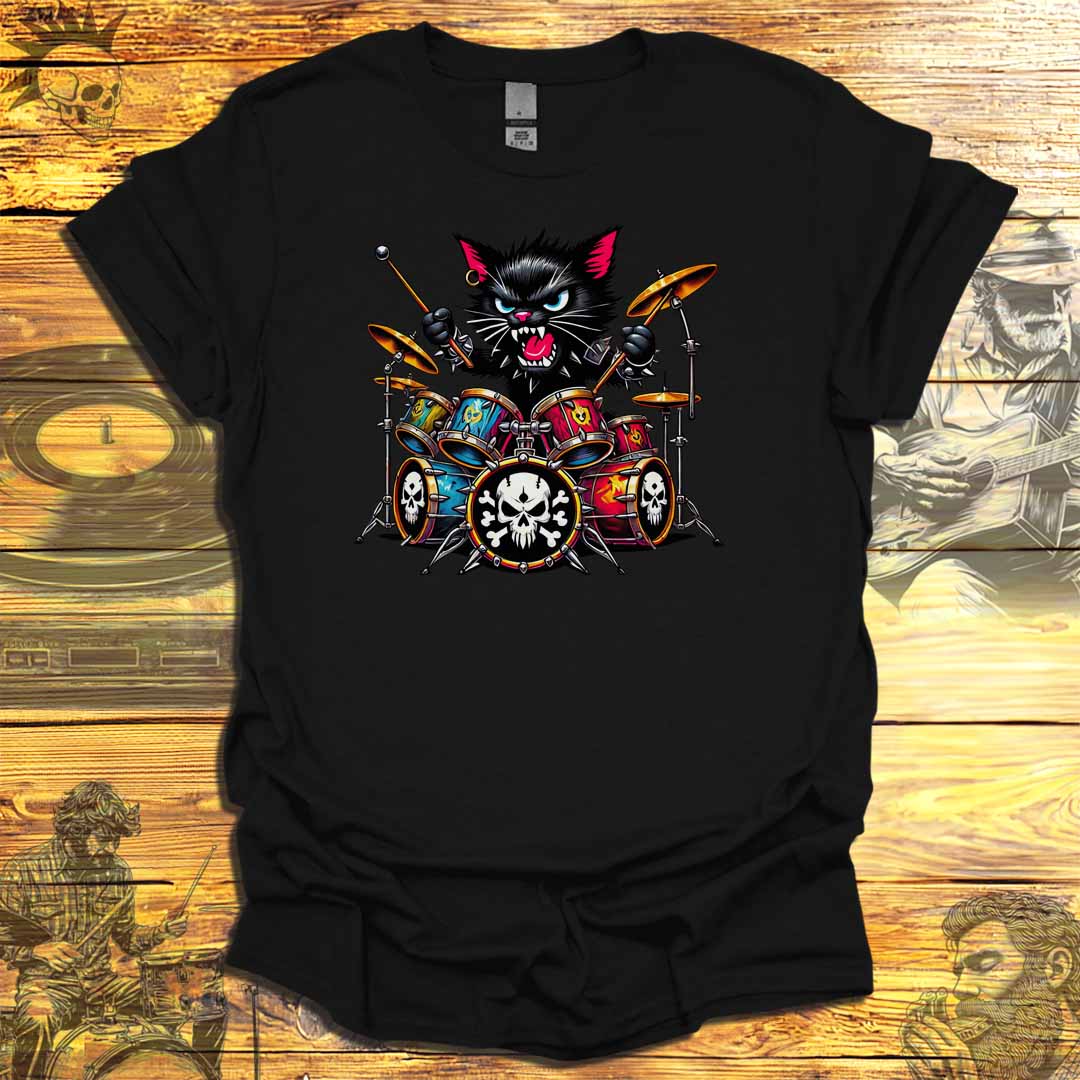 Angry Black Cat Playing Drums T-Shirt