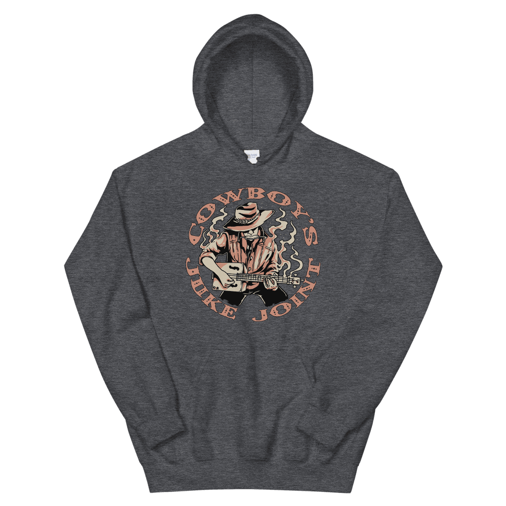 Cowboy's Juke Joint Radio Logo Hoodie made of 50% pre-shrunk cotton and 50% polyester with a front pouch pocket