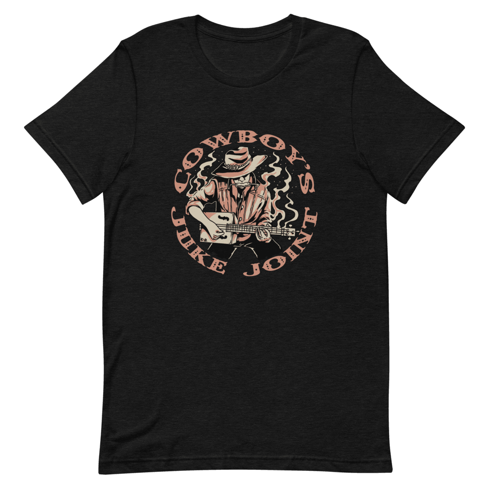Cowboy's Juke Joint Radio Logo T-Shirt in Black Heather, 100% combed and ring-spun cotton, pre-shrunk and side-seamed